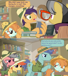 Size: 1600x1794 | Tagged: safe, edit, edited screencap, imported from derpibooru, screencap, a.k. yearling, candid snap, compass course, endeavour, peach fuzz, viewfinder (character), pony, daring doubt, angry, book, bookshelf, clothes, comic, dialogue, fake wings, fans, female, filly, glasses, hat, library, nerd rage, pith helmet, screencap comic, shelf, shirt, speech bubble, upset