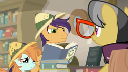 Size: 1600x900 | Tagged: safe, imported from derpibooru, screencap, a.k. yearling, endeavour, peach fuzz, pony, daring doubt, angry, book, bookshelf, female, filly, glasses, heartbreak, library, sad, shelf, upset