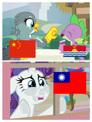 Size: 776x1024 | Tagged: safe, edit, edited screencap, imported from derpibooru, screencap, gabby, rarity, spike, dragon dropped, china, eqg flag-tag meme, female, kiribati, male, politics, sad, shipping, spabby, straight, taiwan