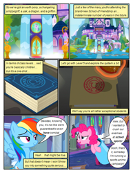 Size: 612x792 | Tagged: safe, artist:newbiespud, edit, edited screencap, imported from derpibooru, screencap, pinkie pie, rainbow dash, earth pony, pegasus, pony, comic:friendship is dragons, school daze, book, comic, dialogue, female, horseshoes, magic, mare, party cannon, screencap comic, stamp, telekinesis, waterfall