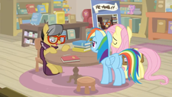 Size: 1600x900 | Tagged: safe, imported from derpibooru, screencap, a.k. yearling, fluttershy, rainbow dash, pegasus, pony, daring doubt, book, bookshelf, cape, clothes, couch, female, glasses, mare, pen, sad, saddle bag, shelf, sign, sitting, stool, table