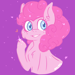 Size: 1280x1280 | Tagged: safe, artist:raspberrydraws, imported from derpibooru, pinkie pie, pony, bust, chest fluff, cute, diapinkes, ear fluff, female, heart, heart eyes, purple background, simple background, smiling, solo, stars, wingding eyes