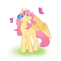 Size: 1000x1000 | Tagged: safe, artist:seohlee, imported from derpibooru, fluttershy, butterfly, pegasus, pony, coat markings, cute, female, floral head wreath, flower, freckles, mare, no pupils, profile, shyabetes, simple background, solo, white background