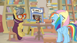 Size: 1600x900 | Tagged: safe, imported from derpibooru, screencap, a.k. yearling, fluttershy, rainbow dash, pegasus, pony, daring doubt, book, bookshelf, cape, chair, clothes, female, glasses, ladder, mare, sad, shelf, sign, stool, table