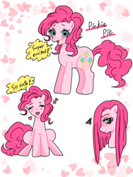 Size: 768x1024 | Tagged: dead source, safe, artist:paprikapink, artist:raimugi____, imported from derpibooru, pinkie pie, earth pony, pony, blushing, bust, cute, dialogue, diapinkes, eyes closed, female, heart, multeity, open mouth, pinkamena diane pie, pixiv, portrait, solo, speech bubble