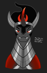 Size: 1240x1927 | Tagged: safe, artist:yoshiknight2, imported from derpibooru, king sombra, pony, black background, bust, curved horn, fangs, horn, looking at you, male, red eyes, simple background, solo