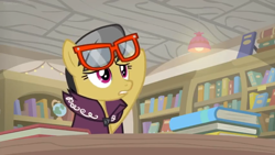 Size: 1600x900 | Tagged: safe, imported from derpibooru, screencap, a.k. yearling, pegasus, pony, daring doubt, book, bookshelf, cape, ceiling light, clothes, female, glasses, library, mare, shelf, solo, table