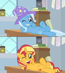 Size: 1280x1436 | Tagged: safe, artist:3d4d, artist:wissle, edit, edited screencap, imported from derpibooru, screencap, sunset shimmer, trixie, pony, unicorn, a horse shoe-in, female, mare, on back, one eye closed, open mouth, wink