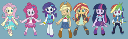 Size: 10744x3264 | Tagged: safe, artist:haibaratomoe, edit, imported from derpibooru, applejack, fluttershy, pinkie pie, rainbow dash, rarity, sunset shimmer, twilight sparkle, equestria girls, equestria girls series, absurd resolution, applejack's hat, blue background, blushing, boots, chibi, clothes, cowboy hat, cute, dashabetes, denim skirt, diapinkes, digital art, dress, female, freckles, hat, humane five, humane seven, humane six, jackabetes, leg warmers, looking at you, miniskirt, moe, one eye closed, open mouth, pleated skirt, ponytail, raribetes, rarity peplum dress, sandals, shimmerbetes, shoes, shyabetes, simple background, skirt, smiling, socks, stetson, twiabetes, wink