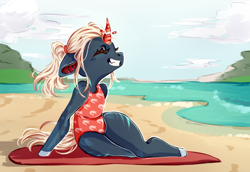 Size: 2500x1724 | Tagged: safe, artist:8fanged8, imported from derpibooru, oc, anthro, anthro oc, beach, broken horn, clothes, cloud, female, floppy ears, horn, one-piece swimsuit, sky, smiling, swimsuit, towel, unicorn oc