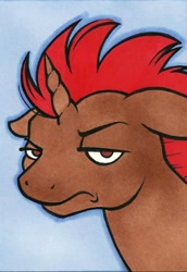 Size: 706x1024 | Tagged: safe, artist:helicityponi, imported from derpibooru, oc, oc:pixel grip, pony, annoyed, commission, frown, half-lidded eyes, traditional art