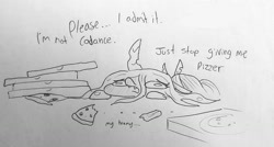 Size: 1643x880 | Tagged: safe, artist:tjpones, imported from derpibooru, queen chrysalis, pony, adorable distress, cute, cutealis, female, food, lineart, monochrome, peetzer, pizza, pizza box, sketch, solo, traditional art, tummy ache