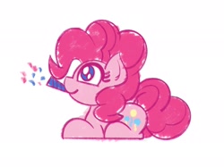 Size: 2048x1535 | Tagged: safe, artist:ashtoneer, imported from derpibooru, pinkie pie, earth pony, pony, confetti, female, lying, mare, no pupils, party horn, prone, simple background, sketch, solo, white background