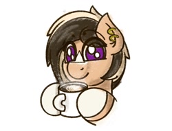 Size: 1950x1487 | Tagged: safe, artist:ashtoneer, imported from derpibooru, oc, oc only, oc:buttercream scotch, pony, bust, coffee, coffee mug, ear piercing, hoof hold, mug, piercing, simple background, solo, white background