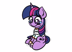 Size: 2048x1489 | Tagged: safe, artist:ashtoneer, imported from derpibooru, twilight sparkle, pony, unicorn, american football, clothes, female, jersey, mare, miami dolphins, sad, simple background, sitting, solo, sports, teary eyes, unicorn twilight, white background