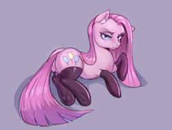 Size: 1600x1200 | Tagged: safe, artist:noupie, imported from derpibooru, pinkamena diane pie, pinkie pie, pony, clothes, female, latex, prone, purple background, simple background, solo, stockings, thigh highs