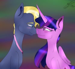 Size: 1280x1179 | Tagged: safe, artist:sweetblaze, imported from derpibooru, star tracker, twilight sparkle, alicorn, earth pony, pony, blushing, boop, female, looking at each other, male, mare, noseboop, profile, shipping, stallion, straight, twilight sparkle (alicorn), twitracker