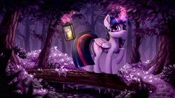 Size: 4098x2304 | Tagged: safe, artist:rysunkowasucharia, imported from derpibooru, twilight sparkle, alicorn, pony, digital art, female, forest, glowing horn, horn, lantern, magic, mare, petals, raised hoof, scenery, scenery porn, solo, twilight sparkle (alicorn)