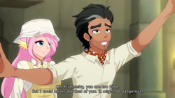 Size: 1280x720 | Tagged: safe, artist:jonfawkes, imported from derpibooru, doctor caballeron, fluttershy, human, daring doubt, anime, clothes, cute, dark skin, digital art, duo, eye clipping through hair, eyebrows, eyebrows visible through hair, female, humanized, scene interpretation, shyabetes, subtitles, wing ears