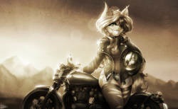 Size: 3650x2245 | Tagged: safe, artist:drizziedoodles, imported from derpibooru, sunset shimmer, anthro, unicorn, belt, breasts, choker, cleavage, clothes, daisy dukes, denim shorts, desert, ear piercing, helmet, jacket, leather jacket, looking at you, motorcycle, old photo, piercing, ripped stockings, sepia, shorts, skull, smiling, stockings, sunset, thigh highs