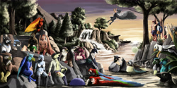 Size: 7000x3500 | Tagged: safe, artist:aquila chrysaetos, imported from derpibooru, oc, oc only, oc:crow, oc:der, oc:fluffy (the griffon), oc:muse, oc:peregrine, oc:thumbtack, oc:vax, anthro, avian, digitigrade anthro, dragon, griffon, parrot, ball, food, group shot, inner tube, lake, marshmallow, micro, waterfall