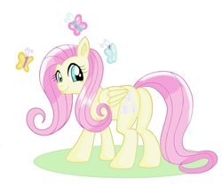 Size: 700x588 | Tagged: safe, artist:zimoguri, imported from derpibooru, fluttershy, butterfly, pegasus, pony, cute, female, looking back, mare, pixiv, shyabetes, solo