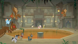 Size: 1600x900 | Tagged: safe, imported from derpibooru, screencap, biff, daring do, doctor caballeron, fluttershy, rainbow dash, rogue (character), withers, gargoyle, guardiangoyle, pony, daring doubt, chase, clothes, fedora, flying, galloping, gargoyle guard, gargoyles, hat, henchmen, lava pit, male, pillar, pith helmet, rogue (g4), running, saddle bag, shirt, sun hat, sunglasses, temple, torch