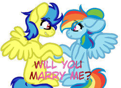 Size: 489x357 | Tagged: safe, artist:starchildtm, deleted from derpibooru, imported from derpibooru, rainbow dash, oc, oc:blazing waters, oc:trash, pegasus, pony, blazingdash, canon x oc, crying, female, male, marriage proposal, pegasus oc, straight, tears of joy