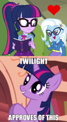 Size: 828x1514 | Tagged: safe, imported from derpibooru, trixie, twilight sparkle, unicorn, best trends forever, equestria girls, equestria girls series, approved, approves, best trends forever: twilight sparkle, female, golden oaks library, lesbian, shipping, twixie, unicorn twilight