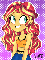 Size: 1536x2048 | Tagged: safe, artist:artmlpk, imported from derpibooru, sunset shimmer, equestria girls, belly button, blushing, breasts, cleavage, clothes, curly hair, cute, female, fishnets, jeans, looking up, midriff, pants, shimmerbetes, sleeveless, smiley face, smiling, solo, tanktop