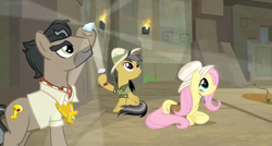 Size: 1600x860 | Tagged: safe, imported from derpibooru, screencap, daring do, doctor caballeron, fluttershy, pony, daring doubt, diamond, female, flashlight (object), hat, light show, male, saddle bag, sun hat, temple, torch