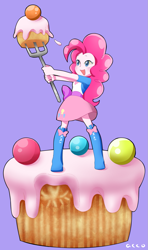 Size: 839x1418 | Tagged: safe, artist:aco77aco, imported from derpibooru, pinkie pie, equestria girls, cake, cute, diapinkes, female, food, fork, open mouth, purple background, simple background, solo