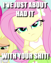 Size: 289x354 | Tagged: safe, edit, edited screencap, imported from derpibooru, screencap, fluttershy, equestria girls, caption, cropped, done with your shit, fluttershy is not amused, image macro, looking at you, solo focus, text, unamused, vulgar