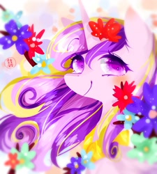 Size: 1800x2000 | Tagged: safe, artist:double happiness, imported from derpibooru, princess cadance, alicorn, pony, blushing, bust, cute, cutedance, female, flower, flower in hair, looking at you, mare, pixiv, portrait, smiling, solo