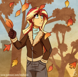 Size: 930x925 | Tagged: safe, artist:inuhoshi-to-darkpen, imported from derpibooru, sunset shimmer, equestria girls, autumn, clothes, eye clipping through hair, falling leaves, female, gloves, hand in pocket, jacket, leaves, pants, scenery, solo, sunset shimmer day, tree