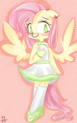 Size: 1153x1834 | Tagged: safe, artist:double happiness, imported from derpibooru, fluttershy, semi-anthro, blushing, bracelet, clothes, cute, dress, ear piercing, earring, female, floppy ears, jewelry, looking at you, necklace, piercing, pixiv, shoes, shyabetes, smiling, socks, solo, spread wings, strapless dress, wings