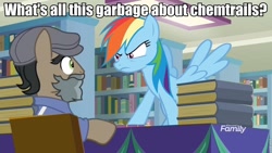 Size: 960x540 | Tagged: safe, edit, edited screencap, imported from derpibooru, screencap, doctor caballeron, rainbow dash, daring doubt, book, bookshelf, bookstore, caption, chemtrails, conspiracy, conspiracy theory, discovery family logo, disguise, duo, fake beard, flat cap, groom q.q. martingale, hat, image macro, text