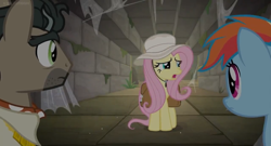 Size: 1600x862 | Tagged: safe, imported from derpibooru, screencap, doctor caballeron, fluttershy, rainbow dash, pony, daring doubt, crawl space, dark, hat, pity, saddle bag, spider web, sun hat