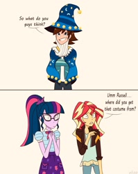 Size: 2352x2957 | Tagged: safe, artist:elioo, imported from derpibooru, sci-twi, sunset shimmer, twilight sparkle, equestria girls, equestria girls series, clothes, costume, crossover, geode of telekinesis, implied starswirl, magical geodes, russell clay, star swirl the bearded costume, transformers, transformers robots in disguise (2015)