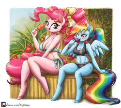 Size: 1875x1675 | Tagged: safe, artist:king-kakapo, imported from derpibooru, pinkie pie, rainbow dash, anthro, earth pony, pegasus, unguligrade anthro, adorasexy, belly button, bikini, blushing, breasts, cleavage, clothes, cute, dashabetes, diapinkes, digital art, duo, eating, female, food, mare, midriff, patreon, patreon logo, popsicle, sexy, size difference, smiling, sports swimsuit, spread wings, swimsuit, tankini, wings