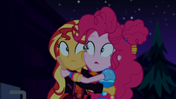 Size: 1920x1080 | Tagged: safe, imported from derpibooru, screencap, pinkie pie, sunset shimmer, equestria girls, equestria girls series, sunset's backstage pass!, spoiler:eqg series (season 2), cheek squish, cheek to cheek, churros, duo, duo female, female, food, hug, squishy cheeks