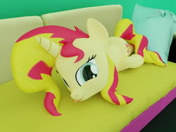 Size: 2000x1500 | Tagged: safe, artist:extremespeed slowpoke, imported from derpibooru, sunset shimmer, pony, unicorn, 3d, blender, couch, cute, female, mare, shimmerbetes, solo, sunset shimmer day