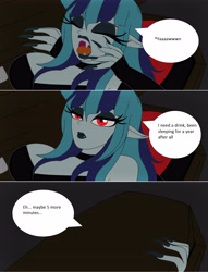 Size: 5160x6768 | Tagged: safe, artist:cbear624, imported from derpibooru, sonata dusk, anthro, vampire, breasts, busty sonata dusk, cleavage, female, halloween, holiday, lazy, solo, yawn