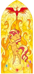 Size: 612x1305 | Tagged: safe, artist:sugar-loop, imported from derpibooru, sunset shimmer, phoenix, pony, unicorn, female, fiery shimmer, fire, geode of empathy, geode of fauna, geode of shielding, geode of sugar bombs, geode of super speed, geode of super strength, geode of telekinesis, magical geodes, mare, pointy ponies, stained glass, sunset shimmer day