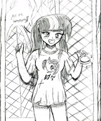 Size: 1700x2044 | Tagged: safe, artist:brekrofmadness, imported from derpibooru, dj pon-3, twilight sparkle, vinyl scratch, human, a trivial pursuit, clothes, female, humanized, monochrome, scene interpretation, shirt, solo, traditional art