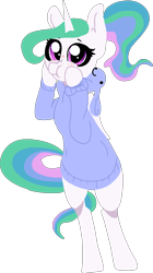 Size: 553x984 | Tagged: safe, artist:nootaz, imported from derpibooru, princess celestia, alicorn, pony, semi-anthro, bipedal, bunny sweater, clothes, cute, cutelestia, female, looking at you, mare, ponytail, simple background, solo, squishy cheeks, sweater, transparent background