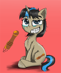 Size: 1500x1811 | Tagged: safe, artist:chopsticks, imported from derpibooru, oc, oc only, unicorn, braces, chest fluff, cutie mark, ear fluff, female, hoof fluff, looking at you, mare, sitting, smiling