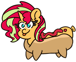 Size: 1100x900 | Tagged: safe, artist:threetwotwo32232, imported from derpibooru, sunset shimmer, pony, unicorn, cute, female, food, hot dog, mare, meat, mlem, no pupils, sausage, sausage pony, shimmerbetes, silly, solo, tongue out, wat