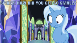 Size: 1222x685 | Tagged: safe, edit, edited screencap, editor:undeadponysoldier, imported from derpibooru, screencap, spike, trixie, dragon, pony, all bottled up, caption, castle, cute, diatrixes, female, image macro, male, mare, small, text