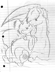 Size: 732x960 | Tagged: safe, artist:nightmareeclipse, imported from derpibooru, oc, oc:applerose, oc:ari, pegasus, pony, unicorn, belly, belly button, chest fluff, female, hairband, hoof on belly, lined paper, male, mare, pregnant, size difference, stallion, traditional art, unshorn fetlocks